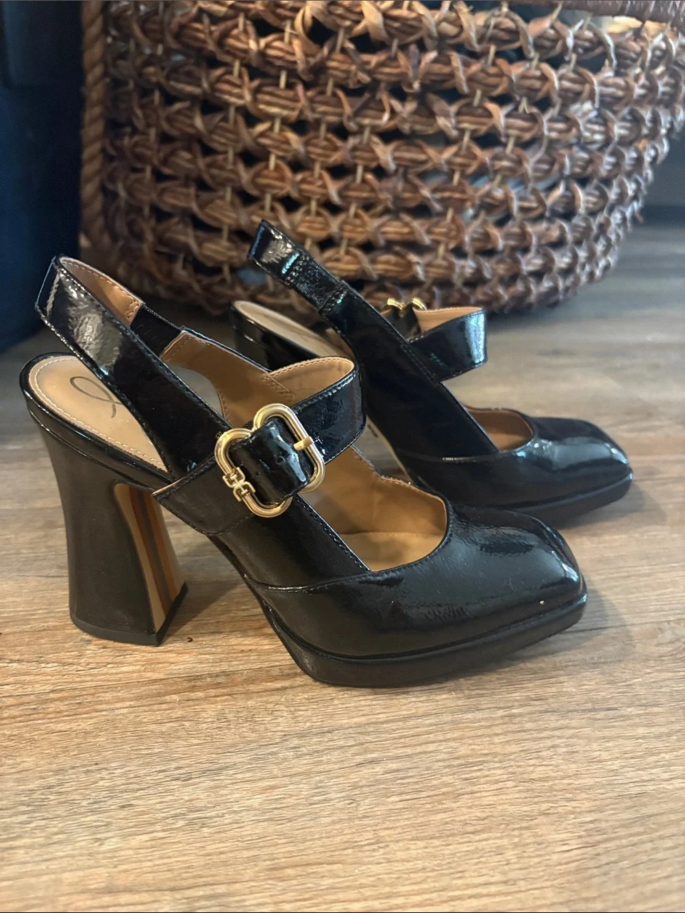 Sam Edelman Black Patent Slingback Heels with Gold Buckle